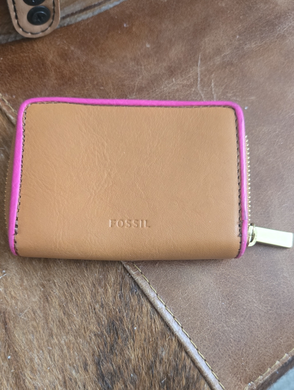 Fossil Tan Leather Wallet with Pink Trim